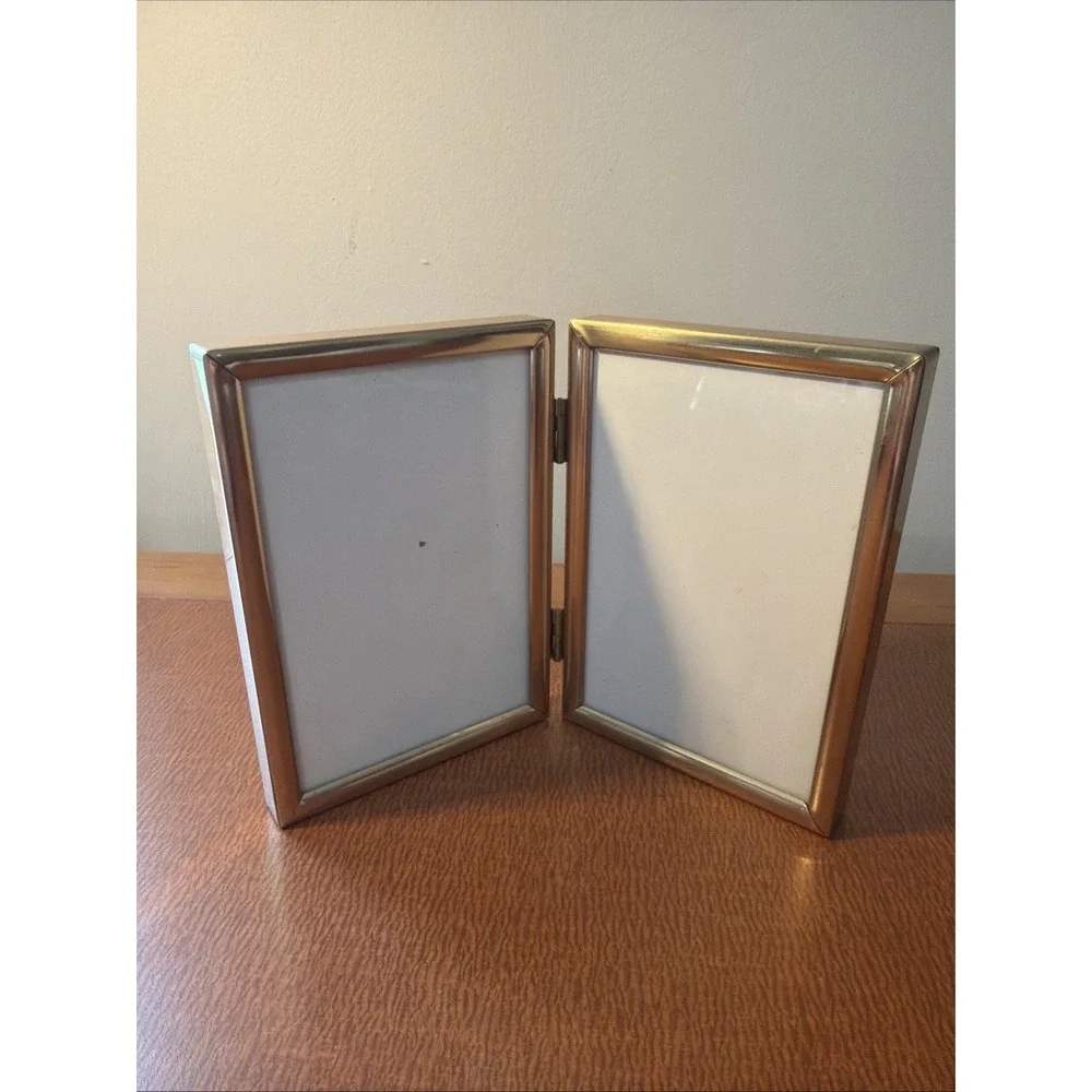 Vtg Burnes Of Boston Bi-Fold Gold Frame Double Holds 2 X 3